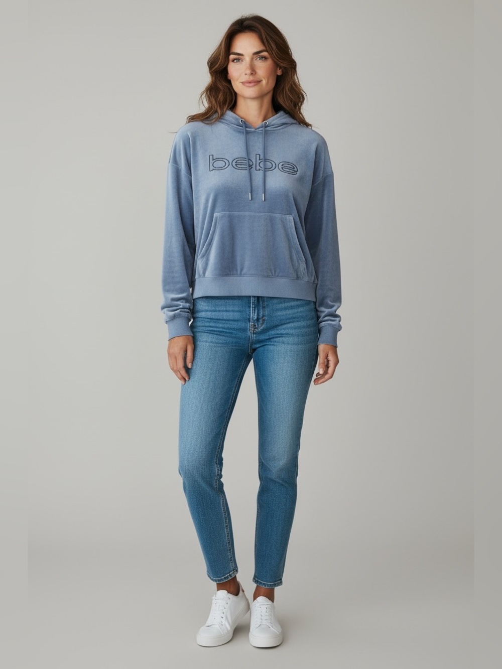 BEBE Sport Velour Cropped Logo Blue Smoke Women’s Hoodie Sz Large NWT